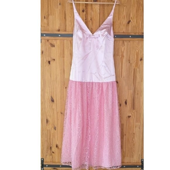 NEW FOR LOVE AND LEMONS PINK SATIN AND LACE MIDI SLIP DRESS SIZE S - Picture 1 of 16